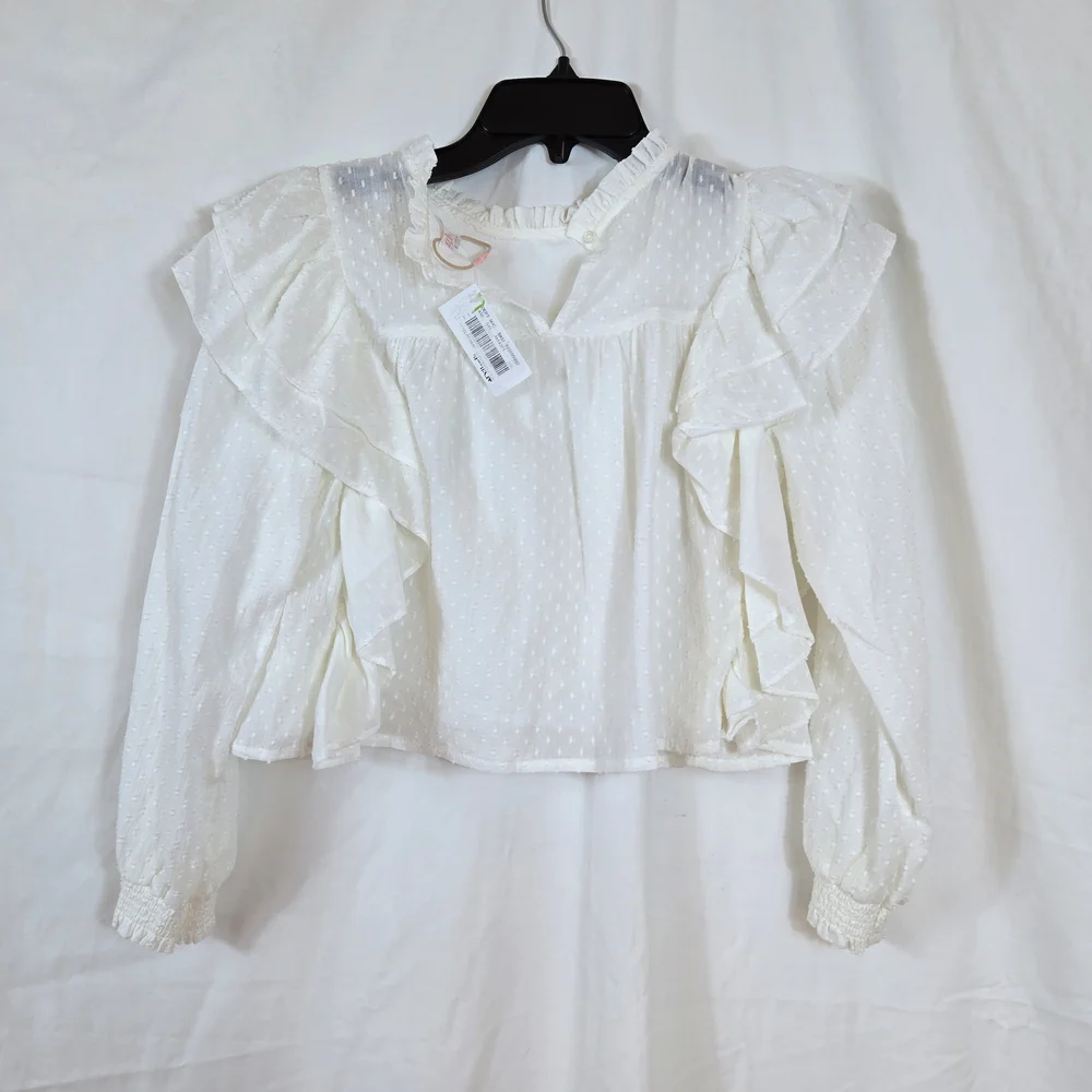 GB Girls White Cottage Ruffle Long Sleeve‎ Swiss Dot Lined Boho Blouse Large NWT